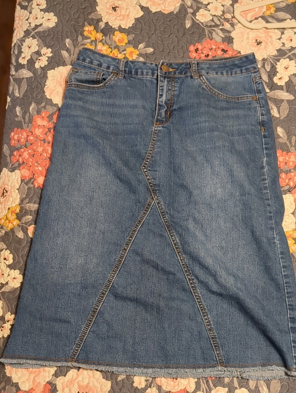 Women's Mid-Length Blue Denim Skirt with Front Panel Detail
